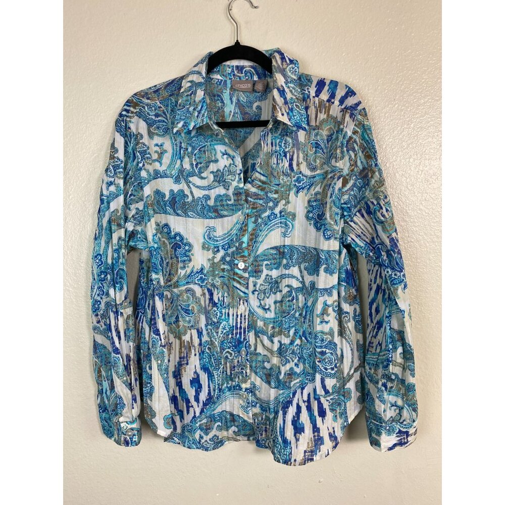 Chicos 2 Womens Paisley Button Up Top Size Large Crinkle Western Boho Blue Artsy - Picture 14 of 15
